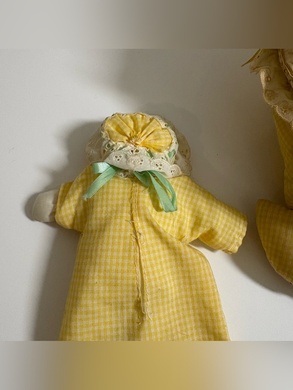 Vintage Handmade Baby Doll Bed Bassinet & Doll Cuddle Plush Yellow Lace Gingham - Picture 8 of 13